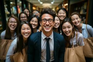 ai generativo grupo de contento negocio hombre y negocio mujer, vestido en trajes son sonriente, en el oficina foto