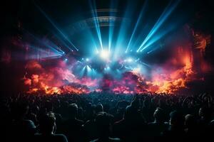 Ai generative Crowded Concert Stage Scenery With Spotlights and Colored Lights realistic image, ultra hd photo