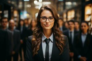 ai generativo grupo de contento negocio hombre y negocio mujer, vestido en trajes son sonriente, en el oficina foto