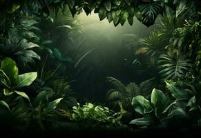 Beautiful jungle background with border made of tropical leaves backdrop with copy space photo