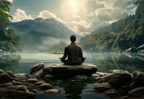 ai generative photo of a man practicing mindfulness and meditation in a peaceful natural environment sony A7s realistic image, ultra hd, high design very detailed