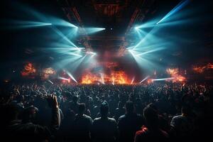 Ai generative Crowded Concert Stage Scenery With Spotlights and Colored Lights realistic image, ultra hd photo