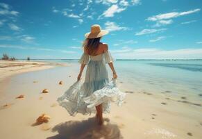 ai generativo joven turista mujer en verano vestir y sombrero en pie en hermosa arenoso playa. linda niña disfrutando foto