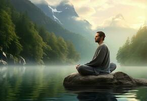 ai generative photo of a man practicing mindfulness and meditation in a peaceful natural environment sony A7s realistic image, ultra hd, high design very detailed