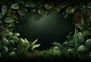 Ai Generative Beautiful jungle background with border made of tropical leaves backdrop with copy space photo