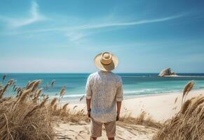 ai generativo espalda ver joven turista hombre en verano vestir y sombrero en pie en hermosa arenoso playa. disfrutando. foto