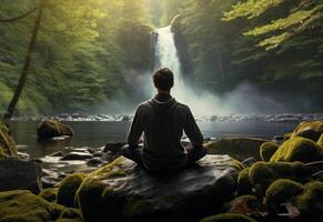 ai generative photo of a man practicing mindfulness and meditation in a peaceful natural environment sony A7s realistic image, ultra hd, high design very detailed