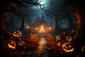 Halloween background with pumpkins and haunted house - 3D render. Halloween background photo