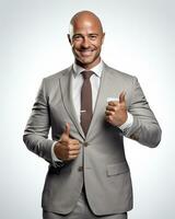 Ai generative photo business concept portrait of excited man dressed in formal wear giving thumbs up