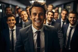 Ai Generative group of happy business man and business women, dressed in suits are smiling, in the office photo