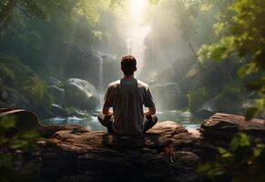 ai generative photo of a man practicing mindfulness and meditation in a peaceful natural environment sony A7s realistic image, ultra hd, high design very detailed