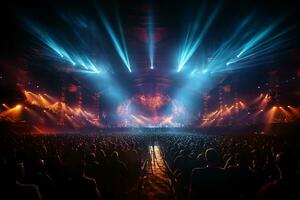 Ai generative Crowded Concert Stage Scenery With Spotlights and Colored Lights realistic image, ultra hd photo