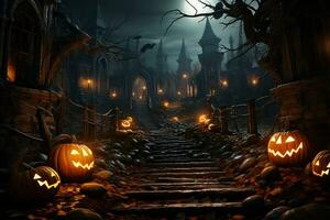 Halloween background with pumpkins and haunted house - 3D render. Halloween background photo