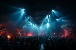 Ai generative Crowded Concert Stage Scenery With Spotlights and Colored Lights realistic image, ultra hd photo