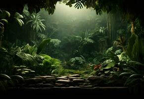 Ai Generative Beautiful jungle background with border made of tropical leaves backdrop with copy space photo