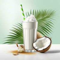 Coconut milk shake glass with fresh sliced coconut. Generative AI photo