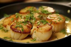 Closeup of pan seared diver scallops with lemon beurre blanc. Generative AI photo