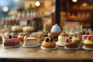 un gusto de dulzura. un popular mercado caja ciega pastel tienda con un limpiar antecedentes. ai generativo foto