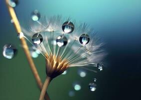 Beautiful dew drops on a dandelion seed macro. Beautiful blue background. Generative AI photo