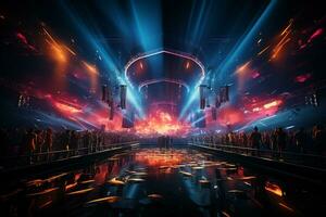 Ai generative Crowded Concert Stage Scenery With Spotlights and Colored Lights realistic image, ultra hd photo