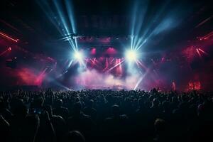 Ai generative Crowded Concert Stage Scenery With Spotlights and Colored Lights realistic image, ultra hd photo