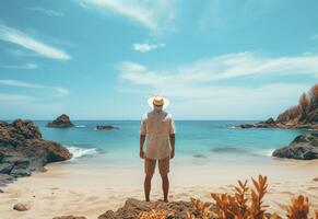 ai generativo espalda ver joven turista hombre en verano vestir y sombrero en pie en hermosa arenoso playa. disfrutando. foto