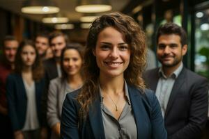 ai generativo grupo de contento negocio hombre y negocio mujer, vestido en trajes son sonriente, en el oficina foto