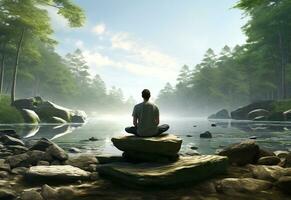 ai generative photo of a man practicing mindfulness and meditation in a peaceful natural environment sony A7s realistic image, ultra hd, high design very detailed