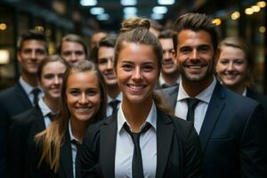 Ai Generative group of happy business man and business women, dressed in suits are smiling, in the office photo