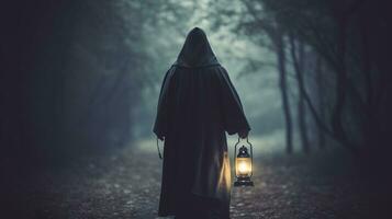 A hooded figure with a lantern searching for something. Generative AI photo