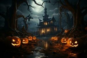 Halloween background with pumpkins and haunted house - 3D render. Halloween background photo