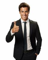 Ai generative photo business concept portrait of excited man dressed in formal wear giving thumbs up