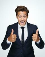 Ai generative photo business concept portrait of excited man dressed in formal wear giving thumbs up