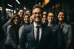 Ai Generative group of happy business man and business women, dressed in suits are smiling, in the office photo