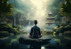 ai generative photo of a man practicing mindfulness and meditation in a peaceful natural environment sony A7s realistic image, ultra hd, high design very detailed