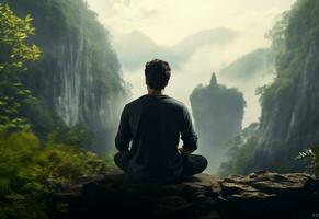 ai generative photo of a man practicing mindfulness and meditation in a peaceful natural environment sony A7s realistic image, ultra hd, high design very detailed