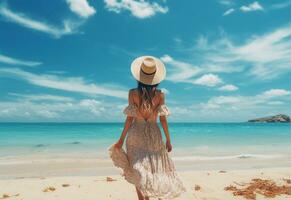 Ai generative young tourist woman in summer dress and hat standing on beautiful sandy beach. Cute girl enjoying photo