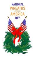 National Wreath across America Day. Information brochure with a wreath of evergreen branches and US flags. Vector illustration on a white background.