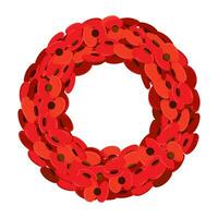 A traditional wreath of red flowers for Remembrance Day also known as Poppy Day in memory of military personnel who died in the line of duty. Vector illustration in a flat style on white background.