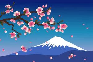 Sakura blossom branch on the background of Fujiyama. Snowy peak of the mountain. Realistic vector illustration of falling pink petals.