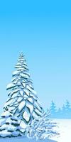 Vertical scene with falling snow. Snow-covered trees on the background of the forest. Vector illustration. Christmas scene.