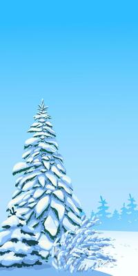 Vertical scene with falling snow. Snow-covered trees on the background of the forest. Vector illustration. Christmas scene.