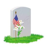 A small American flag, lilies, and tombstones at the National Cemetery are on display on Memorial Day. Flowers are laid on the grave in memory of the heroes. vector