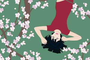 Chinese girl admires the branches of cherry blossoms lying on the grass. Vector graphics of Sakura on a green background.