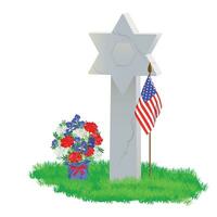 A Jewish tombstone in the shape of the star of David on a green lawn. Small American flags are laid on the grave in memory of the heroes. Memorial Day or Decoration Day. vector