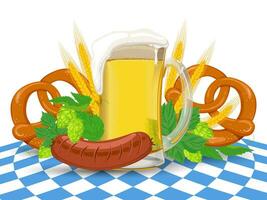 The traditional symbols of the German Oktoberfest. A glass of light beer, sausage, hops, cobs and a pretzel on a blue and white tablecloth. Bavarian festive. Vector for a banner or invitation.