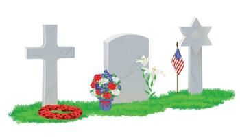 Tombstone, Christian cross Jewish tombstone in the shape of the star of David on the green lawn. Small American flags are laid on the grave in memory of the heroes. Memorial Day or Decoration Day vector