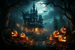 Halloween background with pumpkins and haunted house - 3D render. Halloween background photo