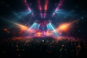 Ai generative Crowded Concert Stage Scenery With Spotlights and Colored Lights realistic image, ultra hd photo