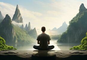 ai generative photo of a man practicing mindfulness and meditation in a peaceful natural environment sony A7s realistic image, ultra hd, high design very detailed